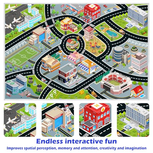 Kids Car Rug, Carpet Playmat for Toy Cars and Train, Road Traffic Play Mat for Kids, Play Area Rug with Non-Slip Backing, Ideal Gift for Children's Room playroom(2.6×3.9ft/31×47in)