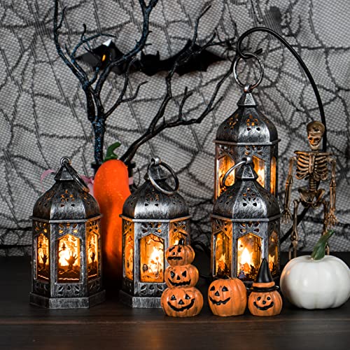 5" Mini Lanterns with Halloween Pattern Glass & Flickering LED Candles for Halloween Decorations, Small Lantern Decorative for Table Centerpiece Party Decor, 8Pack, Hanging Candle Holder Ornaments