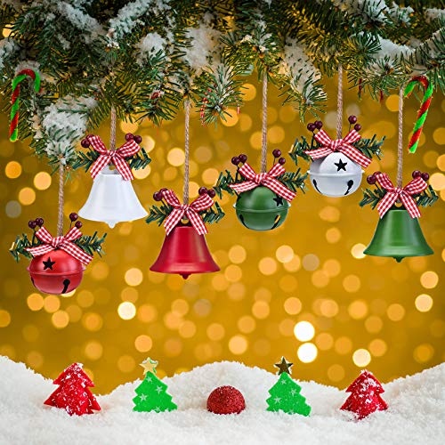 WILLBOND 6 Pieces Christmas Bell Ornaments 2026 Xmas Tree Hanging Decorations Large Size Bells with Star Cutouts Anniversary Bells with Holly Berry for Crafts Holiday Party Favors(Red, White)