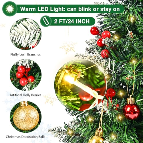 Mini Christmas Tree with Lights, 24 Inch Tabletop Christmas Tree with Berries Star Treetop Ornaments Balls Artificial Small XMS Tree for Table Desk Home Christmas Holiday Decor