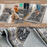Kitchen Rugs Set of 2 Washable Non Slip – Soft Low Pile Boho Floral Decorative Area Rugs & Runner Mats for Kitchen Floor, Entryway, Hallway, Doorway & Bathroom – Indoor Small Rugs (Black, 2x3+2x4)