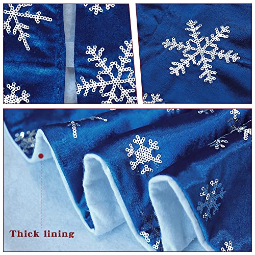 Bunny Chorus Christmas Tree Skirt, 36 inches Blue Mercerized Velvet Skirt with Silver Sequin Snowflake for Rustic Xmas Tree Holiday Decorations