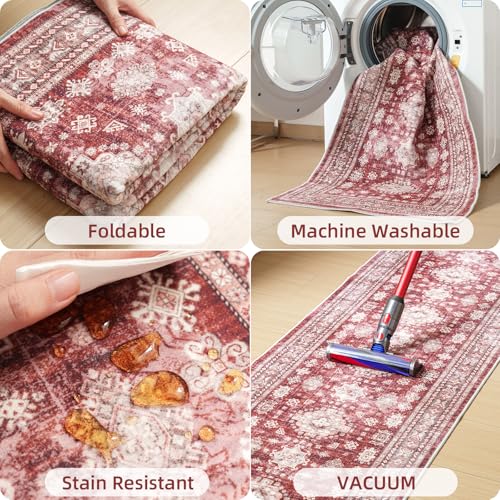 2x6 Runner Rug Washable Non Slip Floor Mat for Entry, Hallway, Burgundy