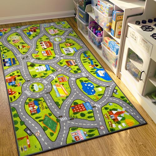 STARUIA Kids Rug Play Mat, 60"x32" Ultra Non-Slip Car Rug for Toddlers, Educational City Road Carpet Car Mat for Kids, Washable Car Kid Rugs for Bedroom Playroom Boys Room Nursery