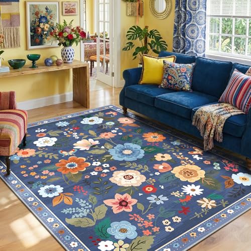 RELEANY Floral Washable 6x9 Area Rugs Blue/Grey