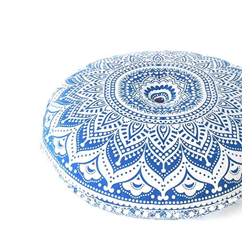 Mandala Floor Pillow Cover Meditation Cushion Seating Throw Hippie Round Colorful Decorative Bohemian Indian Pouf Ottoman Handmade Cover ONLY (Omb-Blue, 32" x 32")