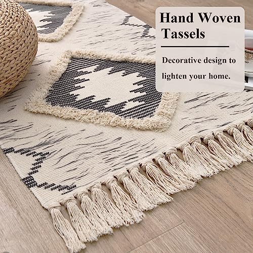 Boho Runner Rug 2'x6', Washable Hallway Rug Runner Non Slip Rubber Backed, Kitchen Farmhouse Area Rug Floor Mat with Tassels, Tufted Woven Cotton Entryway Carpet, Grey