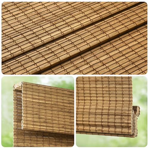LazBlinds Cordless Bamboo Roman Shades, Privacy Blinds for Interior Windows, Room Darkening Roll Up Bamboo Blinds for Home & Patio, 34" W x 64" H, Highfield Teak