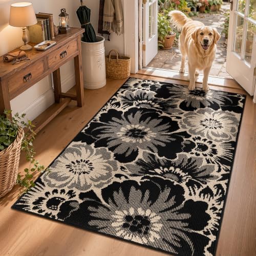 Findosom Washable Area Rug 3x5, Non Slip High-Low Textured Floral Rugs for Bedroom with Rubber Backing, Boho Carpet for Living Room, Kitchen, Entryway, Laundry, Black & Beige