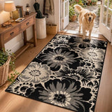 Findosom Washable Area Rug 3x5, Non Slip High-Low Textured Floral Rugs for Bedroom with Rubber Backing, Boho Carpet for Living Room, Kitchen, Entryway, Laundry, Black & Beige