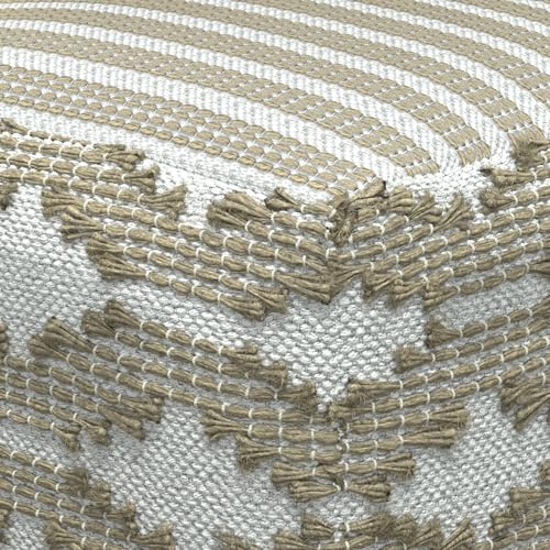 SIMPLIHOME Rowan Pouf - 18 inch Wide Hand Woven Cotton/Jute Square Pouf Ottoman in Natural and White, Footstool for Living Room or Bedroom with Polystyrene Bead Filling, Fully Assembled