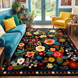RELEANY Floral 5x7 Area Rugs Washable Print Boho Cute Carpet Non Slip Flower Low Pile for Living Room Bedroom Kitchen Office Farmhouse-Black