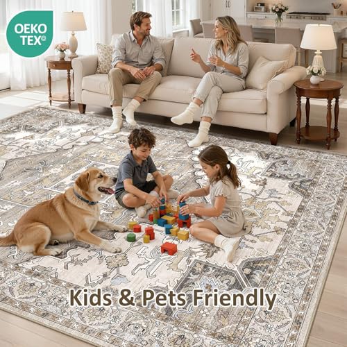 8x10 Area Rugs for Living Room: Non Slip Neutral Washable Brown Rug, Soft Stain Resistant Indoor Floor Carpets for Bedroom Dining Decor Farmhouse Home Office Kid & Pet Friendly