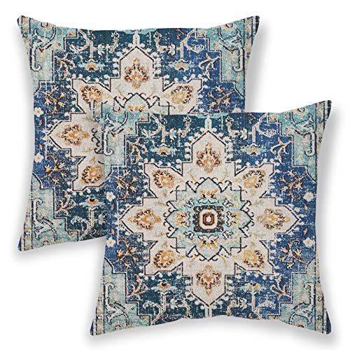 BETGINY Boho Pillow Covers 18x18, Blue and Teal Ethnic Design Outdoor Decorative Throw Pillows for Couch, Carpet Pattern Decor Cushion Cover 2 Pcs Farmhouse Linen Pillowcase for Bed Car Safa