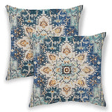 BETGINY Boho Pillow Covers 18x18, Blue and Teal Ethnic Design Outdoor Decorative Throw Pillows for Couch, Carpet Pattern Decor Cushion Cover 2 Pcs Farmhouse Linen Pillowcase for Bed Car Safa