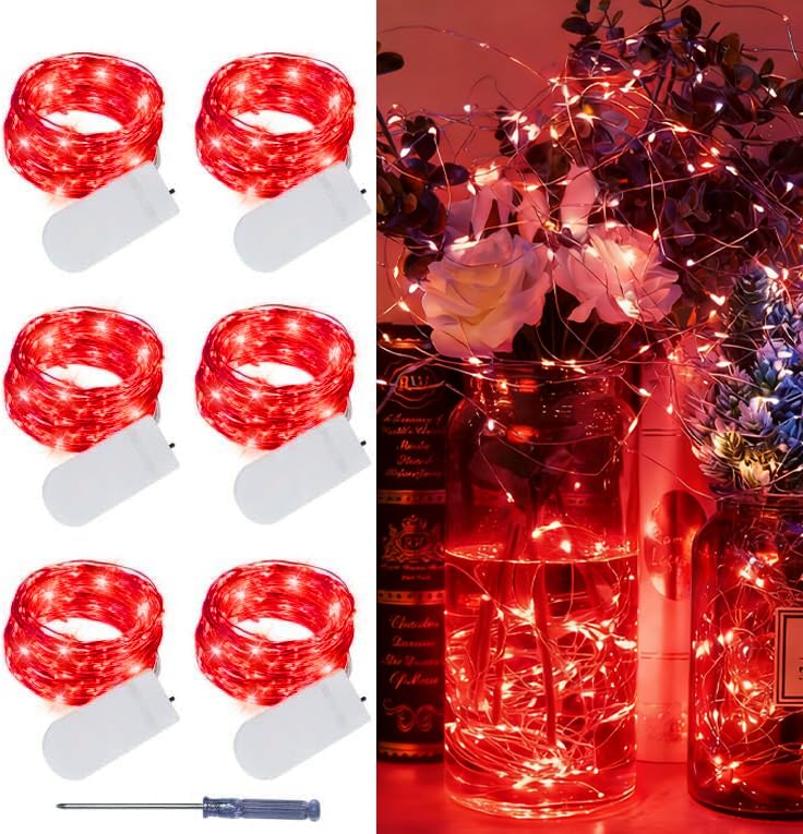 LAMPHOME 6 Pack Red Valentine's Fairy Lights Battery Operated (Included), 7 ft 20 LED Mini String Lights, Waterproof Silver Wire Firefly Starry Light for DIY Wedding Party Mason Jars Decor