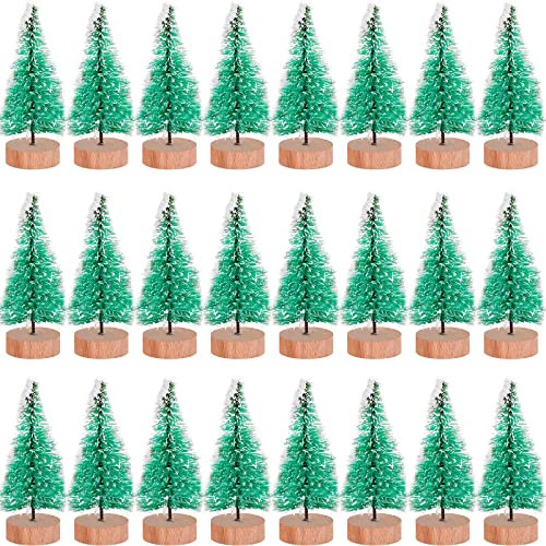 Sumind 48 Pcs Mini Brush Christmas Trees Sisal Snow Frost Tree Artificial Winter Mini Pine with Wooden Base Xmas Small Bottle Brush Trees for Christmas Winter Decoration(Green)