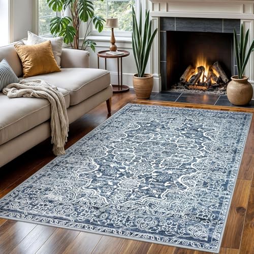 Floral Area Rug 4x6 Living Room Washable Rugs Vintage Blue White