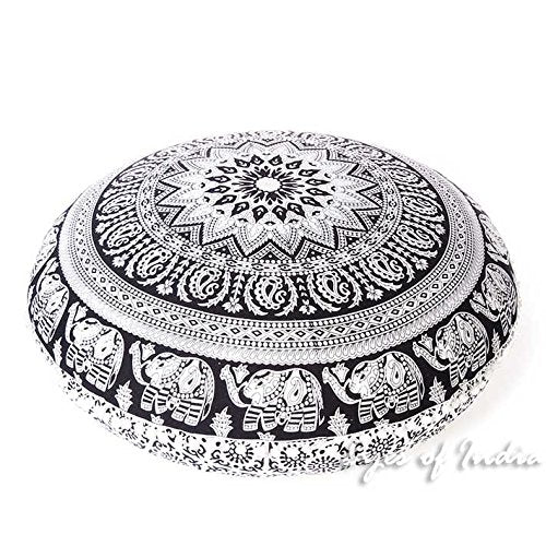 Mandala Floor Pillow Cover Meditation Cushion Seating Throw Hippie Round Colorful Decorative Bohemian Indian Pouf Ottoman Handmade Cover ONLY (B1 White Black, 32" x 32")