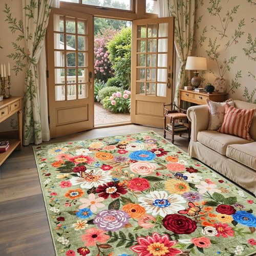 Green Floral Area Rug 3x5 for Bedroom Entryway