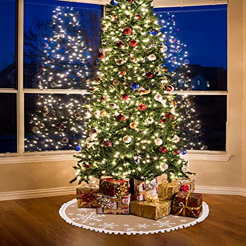 MACTING Christmas Tree Skirt, 30 Inch Small Burlap Tree Mat with White Large Small Snowflake Patterns Pom Poms for Holiday Party Indoor Home Christmas Tree Decorations