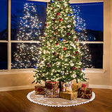 MACTING Christmas Tree Skirt, 30 Inch Small Burlap Tree Mat with White Large Small Snowflake Patterns Pom Poms for Holiday Party Indoor Home Christmas Tree Decorations
