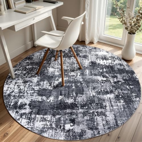 Sasttie 4ft Round Area Rug, Modern Abstract Circle Carpet, Black & White