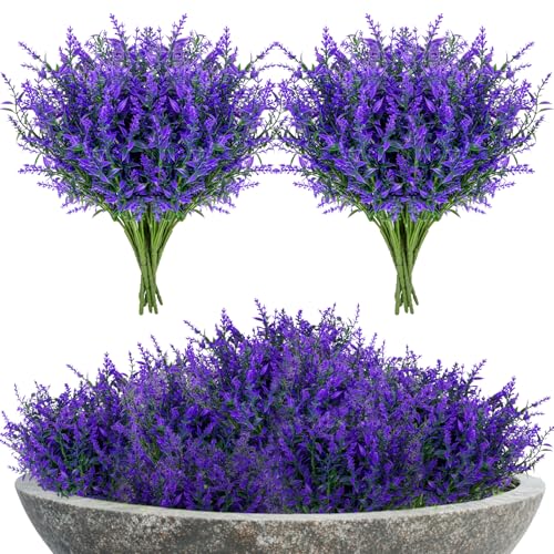 RAINFLOW Artificial Lavender Flowers - 7 Pcs Artificial Flowers for Outdoors Faux Lavender Plants Uv Resistant Plastic Purple Fake Flower for Outside Indoor Porch Patio Window Planter Bouquet Decor
