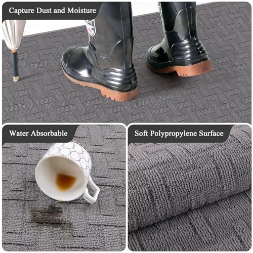Indoor Door Mat 3x5ft, Absorbent Muddy Mats for Dogs, Low-Profile Entrance Large Welcome Mat with Non-Slip Rubber Backing, Washable Runner Carpet for Hallway,Entryway,Kitchen (Grey)