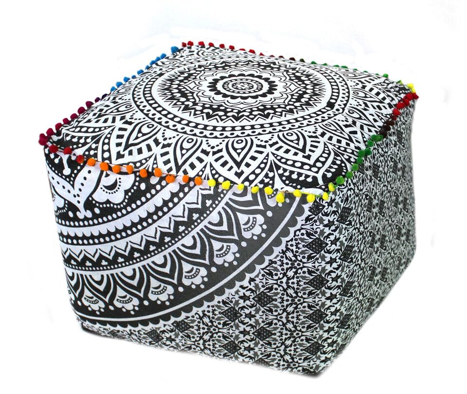 Indian Handmade Mandala | Square Ottoman Pouf Cover | Footstool Seating (Gray Ombre Mandala, 16x16x16)