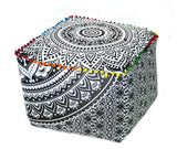 Indian Handmade Mandala | Square Ottoman Pouf Cover | Footstool Seating (Gray Ombre Mandala, 16x16x16)