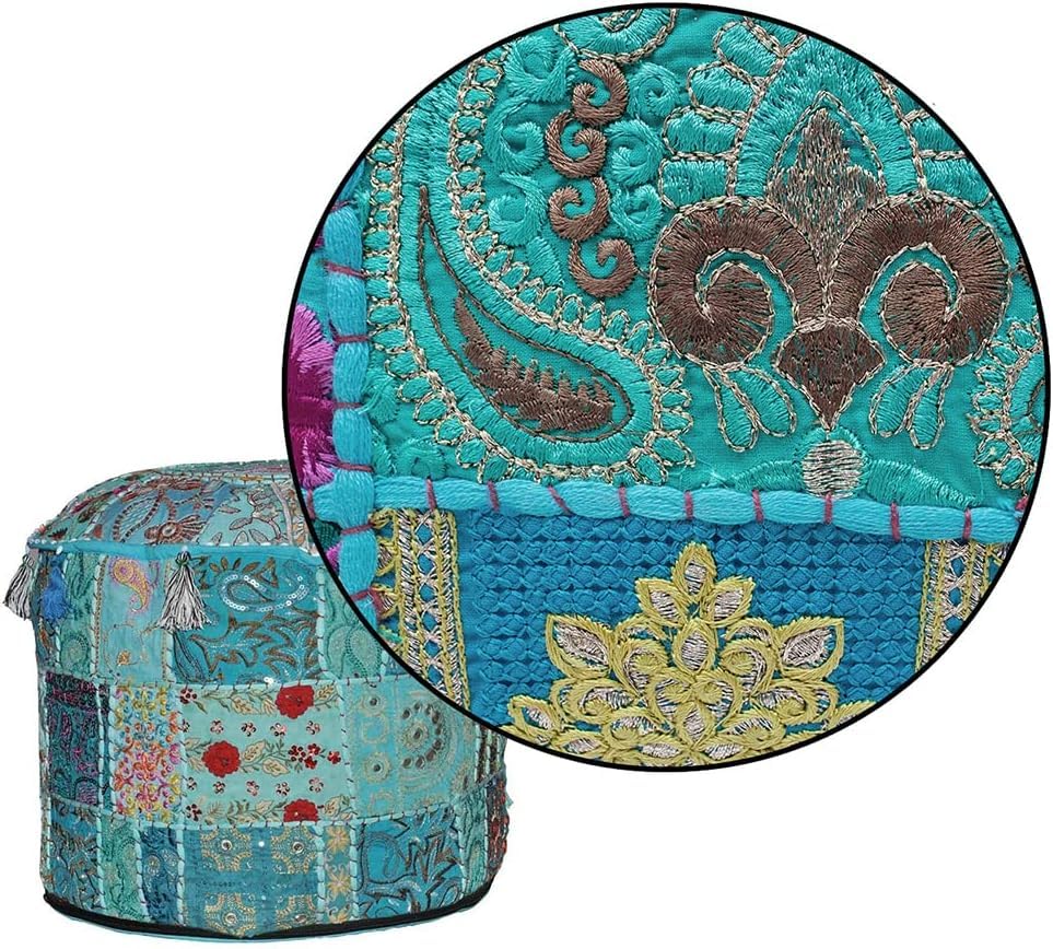 Indian Pouf Footstool Ethnic Embroidered Indian Cotton Round Pouffe Ottoman Pillow Ethnic Decor Art Cover Only (Turquoise, 14X22 Inch)