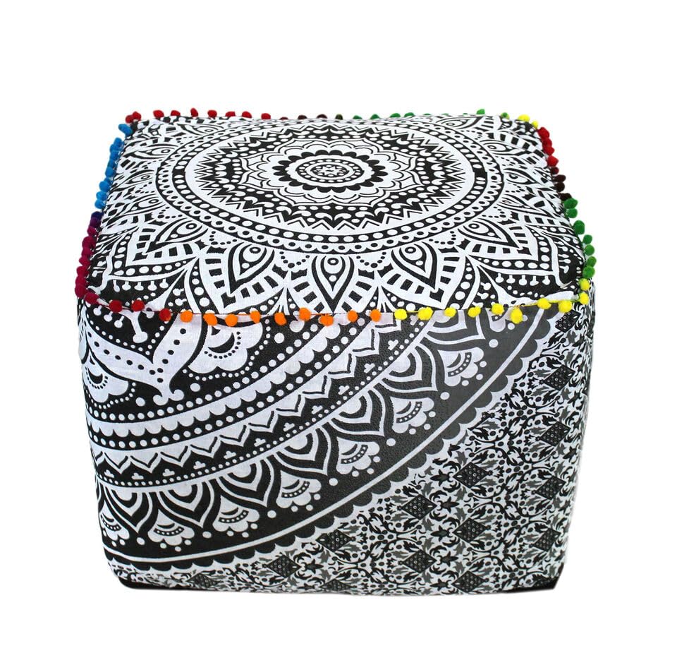 Indian Handmade Mandala | Square Ottoman Pouf Cover | Footstool Seating (Gray Ombre Mandala, 16x16x16)