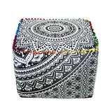 Indian Handmade Mandala | Square Ottoman Pouf Cover | Footstool Seating (Gray Ombre Mandala, 16x16x16)