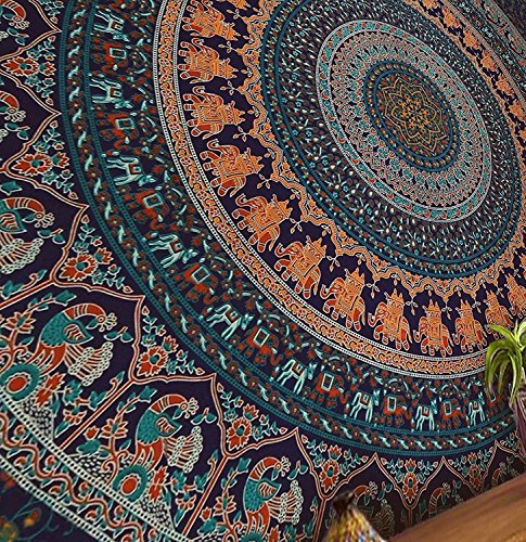 Bless International Indian-hippie-gypsy Bohemian-psychedelic Cotton-mandala Wall-hanging-tapestry-multi-color Large-mandala Hippie-tapestry (Golden Blue, King (88x104Inches)(225x265Cms))