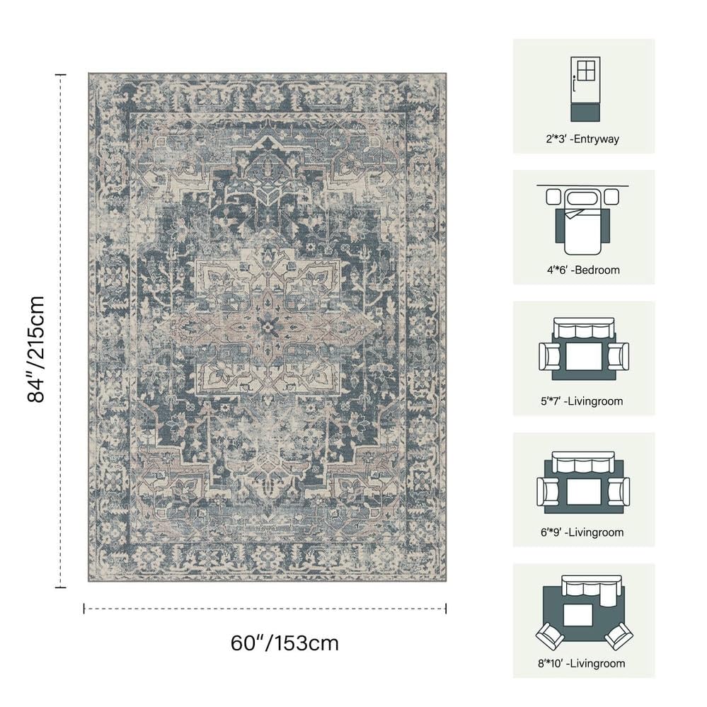 Blue Area Rugs 5x7 Washable Rug for Living Room Bedroom