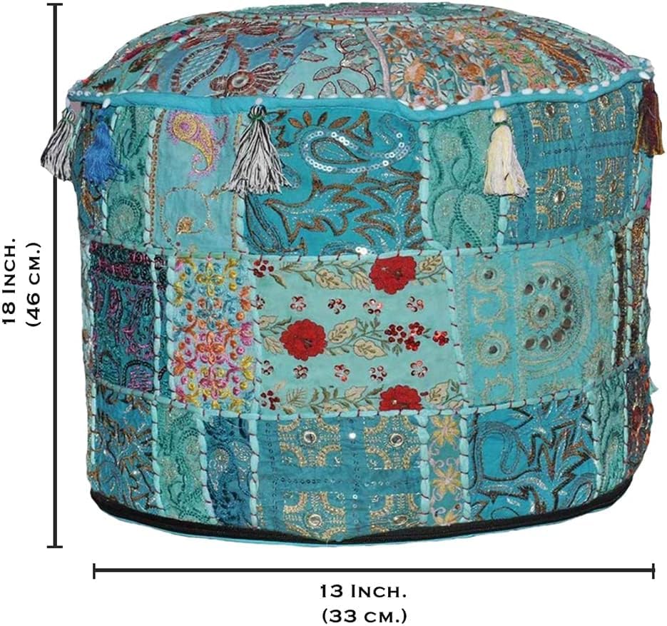 Indian Pouf Footstool Ethnic Embroidered Indian Cotton Round Pouffe Ottoman Pillow Ethnic Decor Art Cover Only (Turquoise, 14X22 Inch)