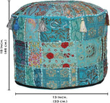 Indian Pouf Footstool Ethnic Embroidered Indian Cotton Round Pouffe Ottoman Pillow Ethnic Decor Art Cover Only (Turquoise, 14X22 Inch)