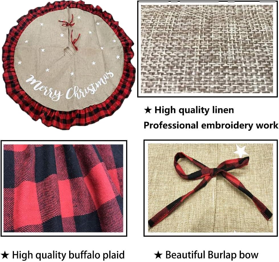 48 Inch Christmas Tree Skirt Linen Burlap Buffalo Plaid Edge Decoration for Merry Christmas Party Red and Black Buffalo Christmas Tree Skirt Decorations
