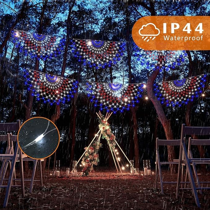 3 Packs American Flag Lights Outdoor - 4x2 FT Half Fan Shape Patriotic Net Light with 8 Modes, 450 LED Waterproof Red White and Blue Lights, 4th of July Memorial Day Decorations for 250th Anniversary