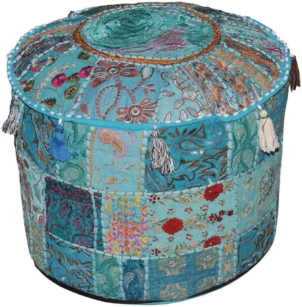 Indian Pouf Footstool Ethnic Embroidered Indian Cotton Round Pouffe Ottoman Pillow Ethnic Decor Art Cover Only (Turquoise, 14X22 Inch)