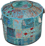 Indian Pouf Footstool Ethnic Embroidered Indian Cotton Round Pouffe Ottoman Pillow Ethnic Decor Art Cover Only (Turquoise, 14X22 Inch)