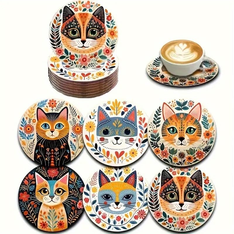 6pcs Vibrant Cat Coasters - 3.93" Floral & Leaf Patterns, Heat-Resistant Plastic Cup Coasters for Home, Bar, Office Use - Hand Washable Cat Decor Accessories