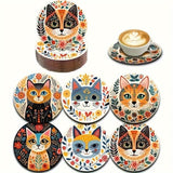 6pcs Vibrant Cat Coasters - 3.93" Floral & Leaf Patterns, Heat-Resistant Plastic Cup Coasters for Home, Bar, Office Use - Hand Washable Cat Decor Accessories