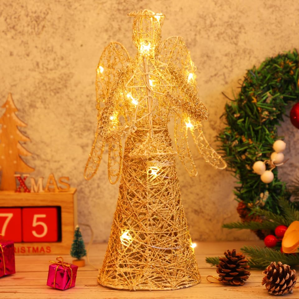 Angel Christmas Tree Topper Gold Glitter Christmas Treetop Decoration Coated Metal Angel Xmas Tree Topper Ornaments for Holiday Home Office Shopping Mall Decor