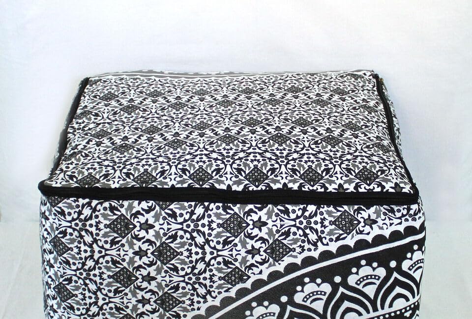 Indian Handmade Mandala | Square Ottoman Pouf Cover | Footstool Seating (Gray Ombre Mandala, 16x16x16)