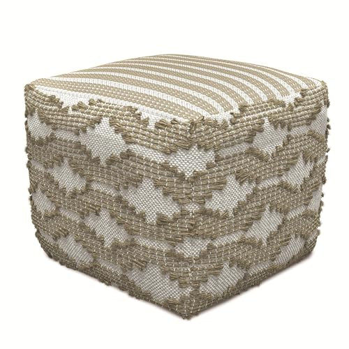 SIMPLIHOME Rowan Pouf - 18 inch Wide Hand Woven Cotton/Jute Square Pouf Ottoman in Natural and White, Footstool for Living Room or Bedroom with Polystyrene Bead Filling, Fully Assembled